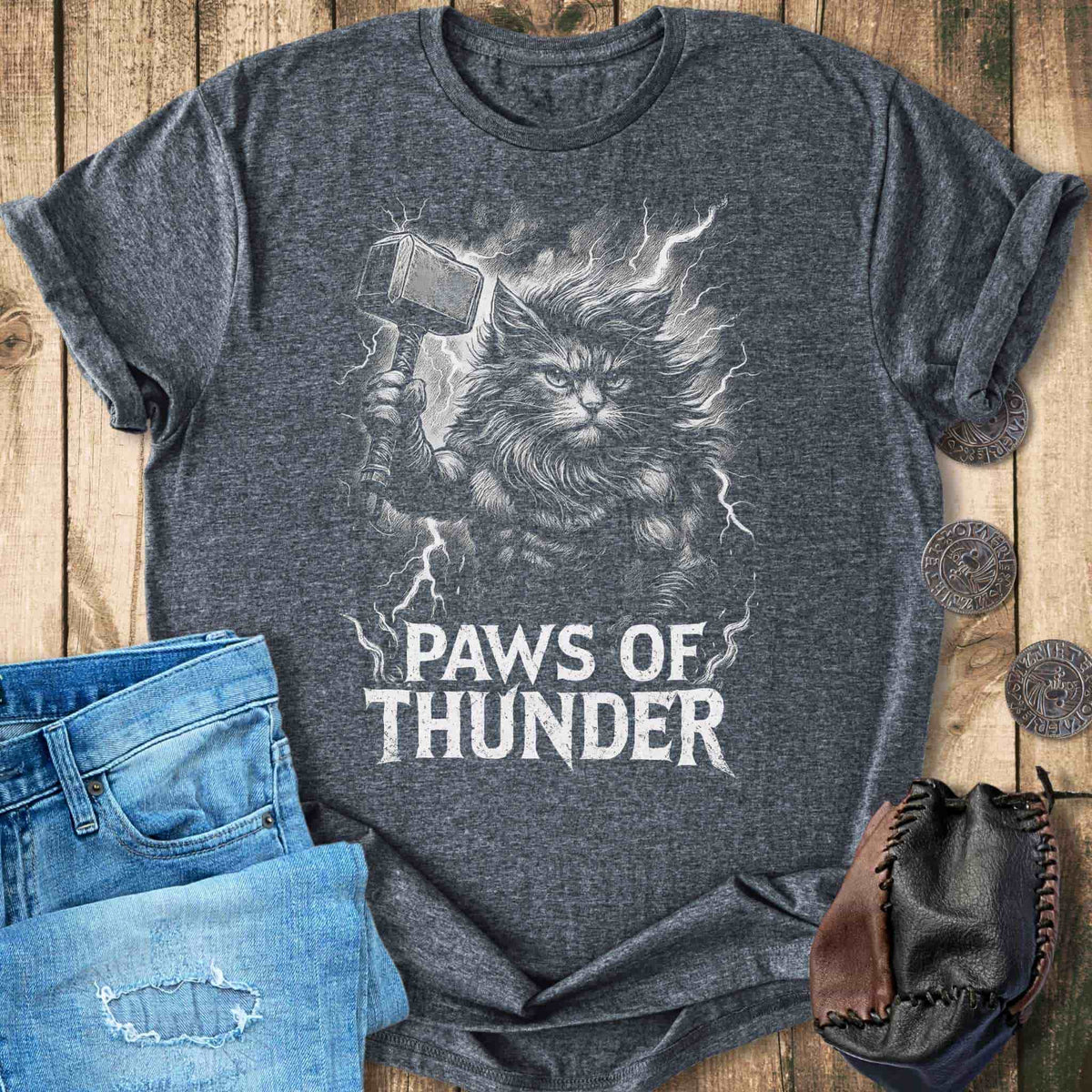 T-Shirt Paws of Thunder - Thor Viking Cat T-shirt (Updated Design!) Unisex Sizes S-2XL Funny Shirt Gift