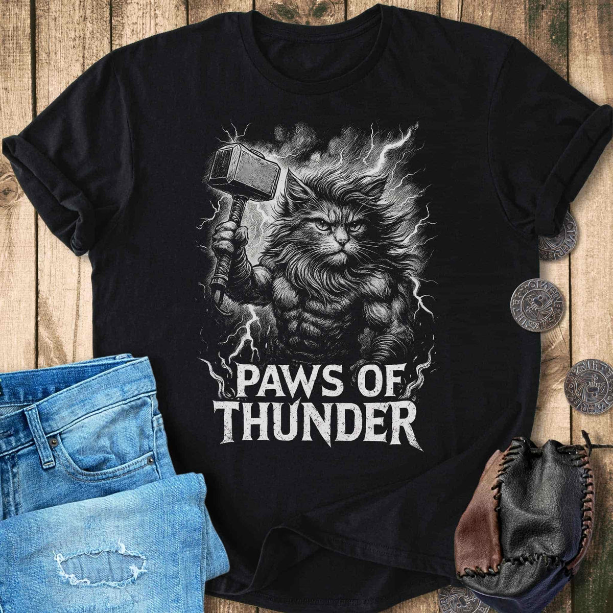 T-Shirt Paws of Thunder - Thor Viking Cat T-shirt (Updated Design!) Unisex Sizes S-2XL Funny Shirt Gift