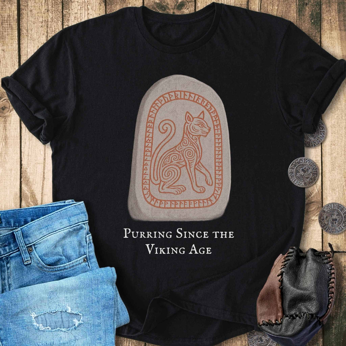 T-Shirt Purring Since the Viking Age - Runestone Cat T-shirt Unisex Sizes S-2XL Funny Shirt Gift