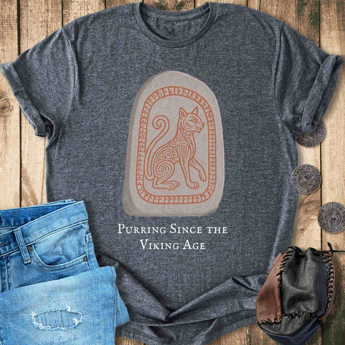 T-Shirt Purring Since the Viking Age - Runestone Cat T-shirt Unisex Sizes S-2XL Funny Shirt Gift