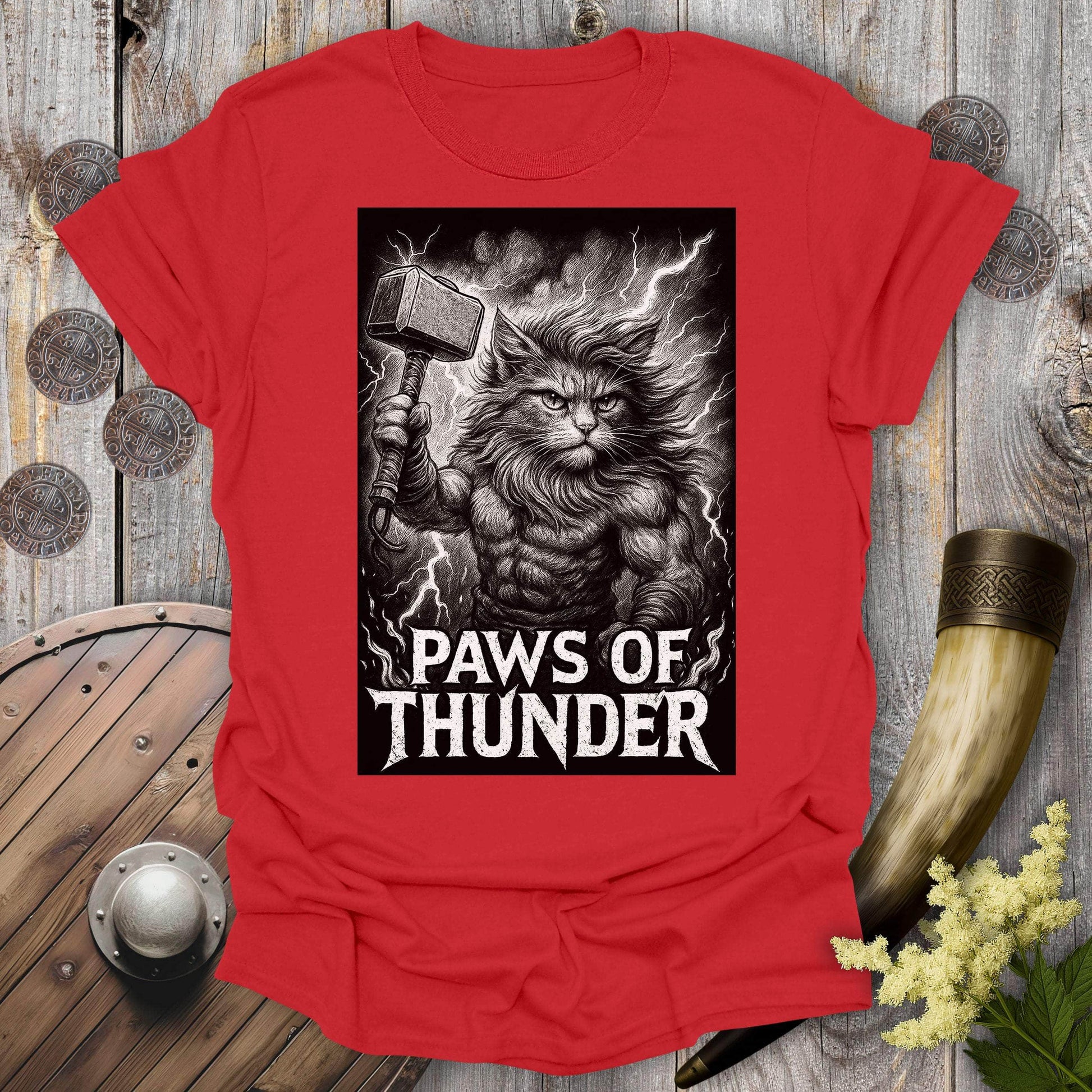 T-Shirt Red / S Paws of Thunder Thor Viking Cat T-Shirt