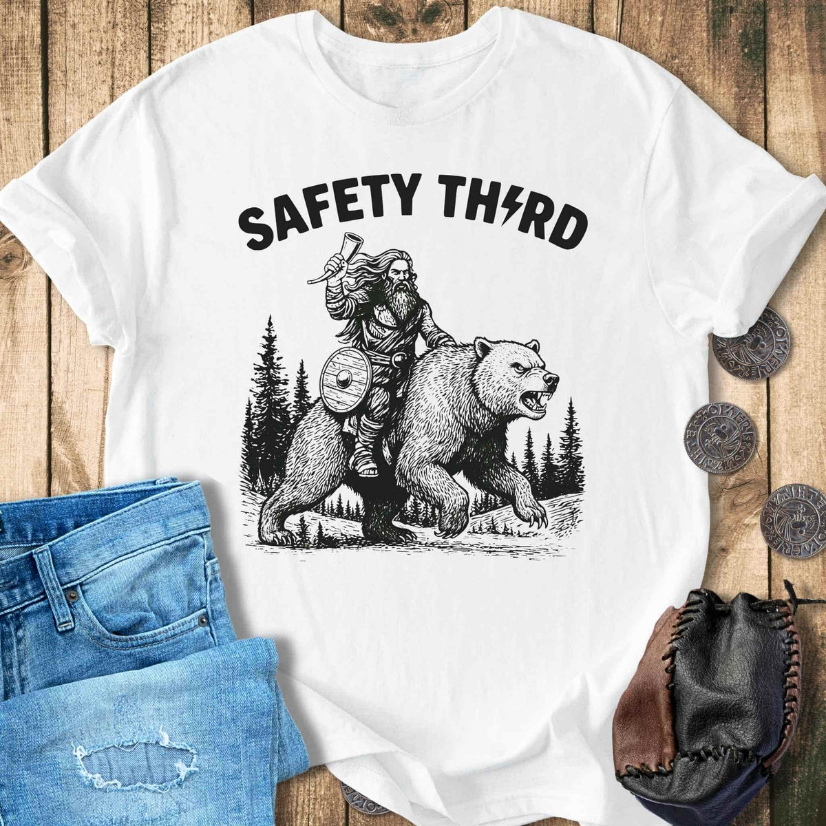 T-Shirt Safety Third - Viking Riding Wild Bear T-shirt Unisex Sizes S-2XL Funny Shirt Gift