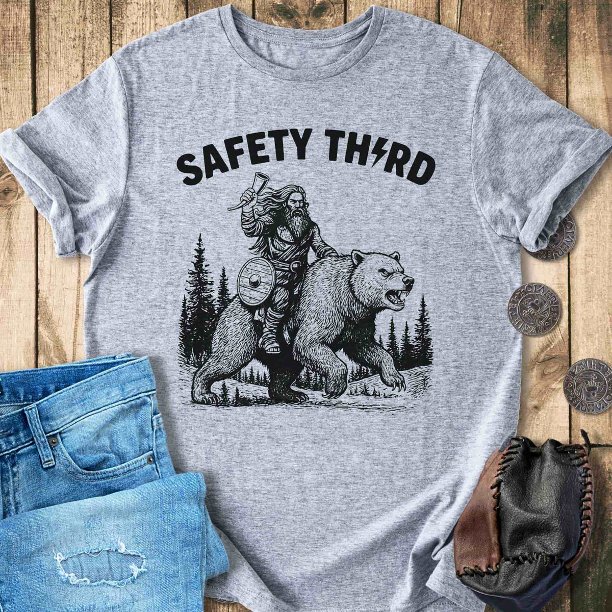 T-Shirt Safety Third - Viking Riding Wild Bear T-shirt Unisex Sizes S-2XL Funny Shirt Gift