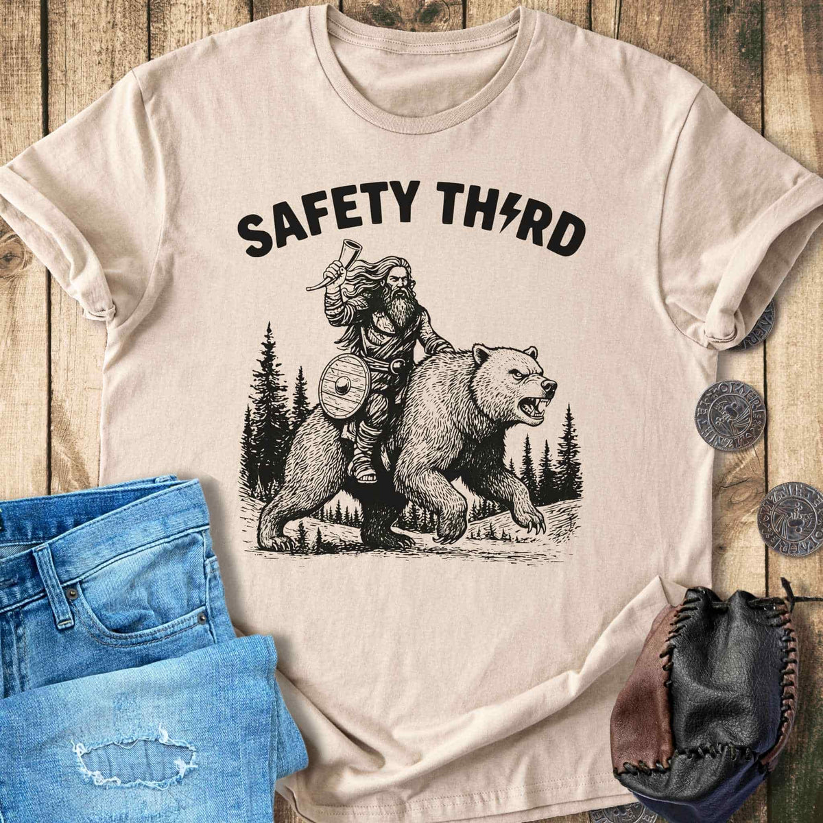 T-Shirt Safety Third - Viking Riding Wild Bear T-shirt Unisex Sizes S-2XL Funny Shirt Gift