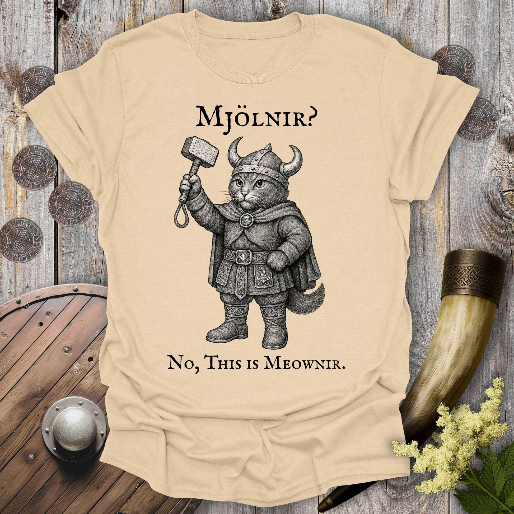T-Shirt Sand / S Mjölnir? No, This is Meownir Viking Cat T-shirt