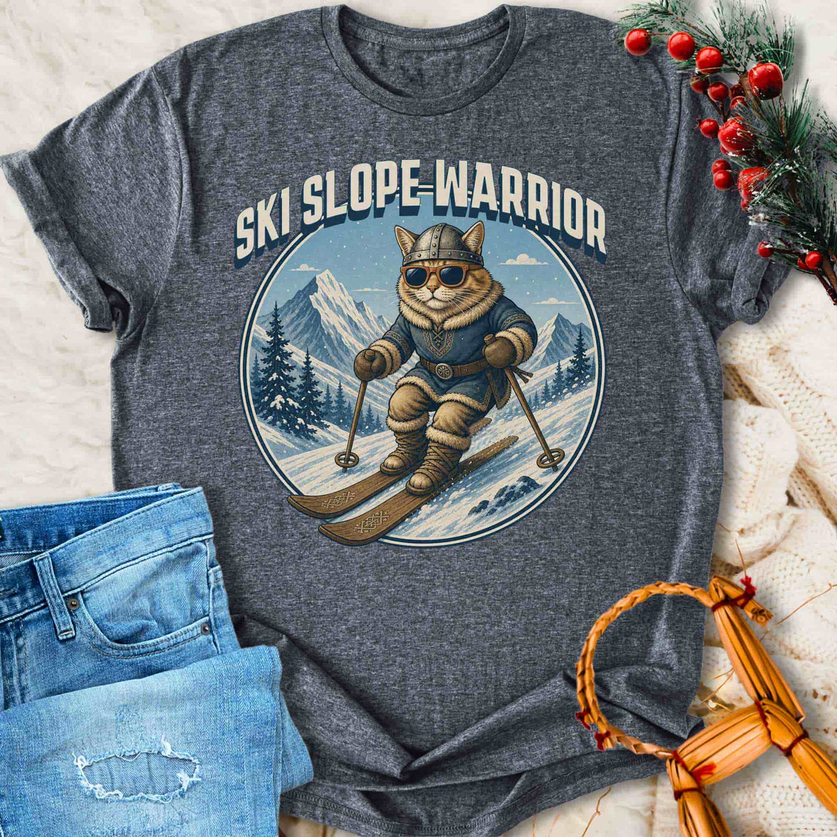 T-Shirt Ski Slope Warrior - Skiing Viking Cat T-shirt Unisex Sizes S-2XL Funny Shirt Gift