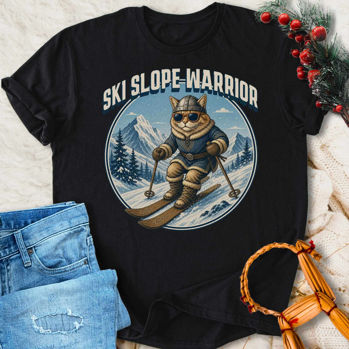 T-Shirt Ski Slope Warrior - Skiing Viking Cat T-shirt Unisex Sizes S-2XL Funny Shirt Gift