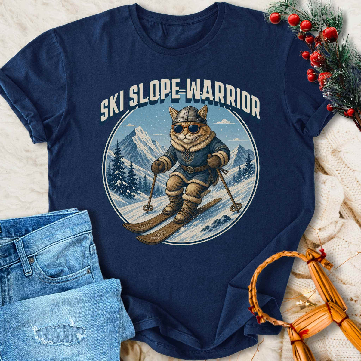 T-Shirt Ski Slope Warrior - Skiing Viking Cat T-shirt Unisex Sizes S-2XL Funny Shirt Gift