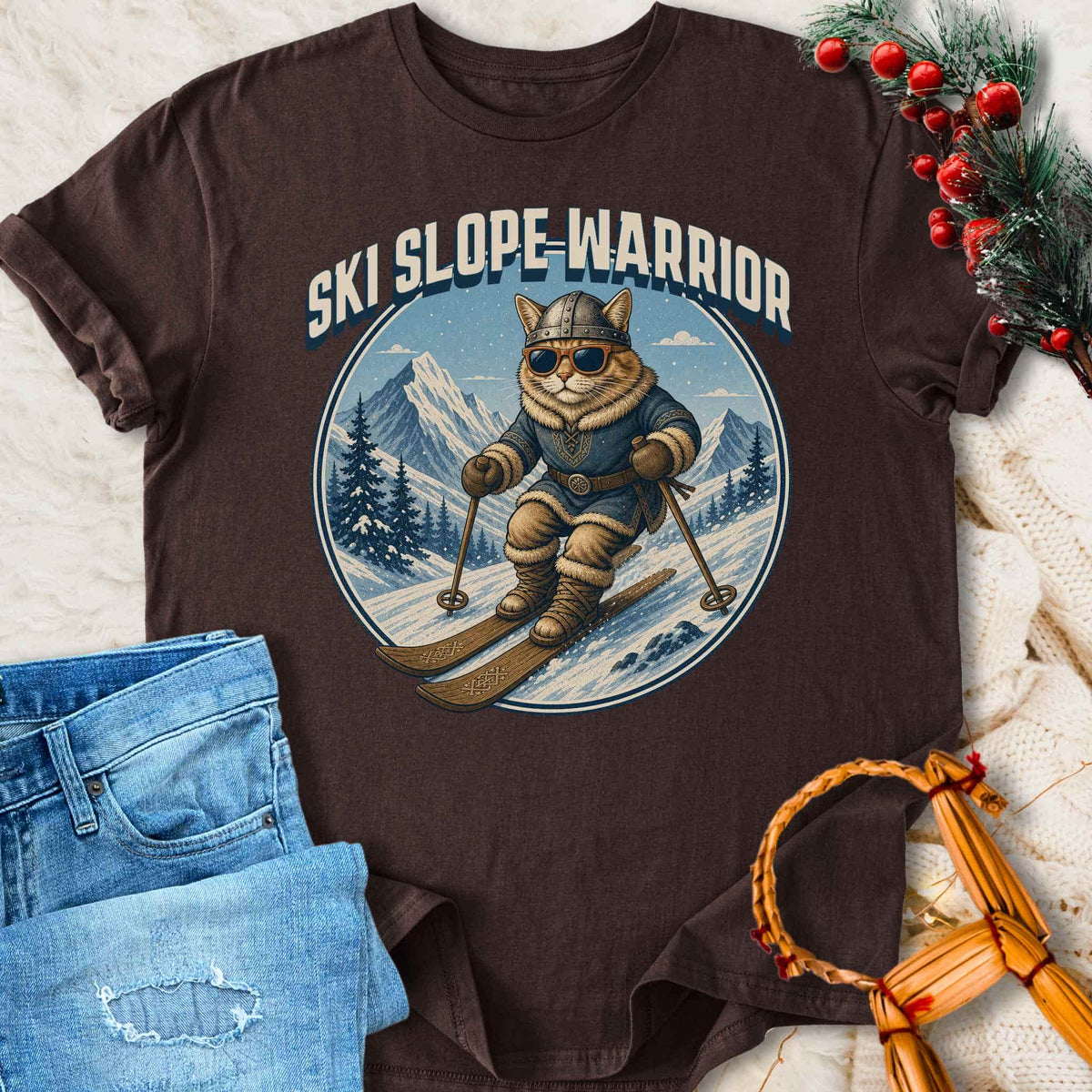 T-Shirt Ski Slope Warrior - Skiing Viking Cat T-shirt Unisex Sizes S-2XL Funny Shirt Gift