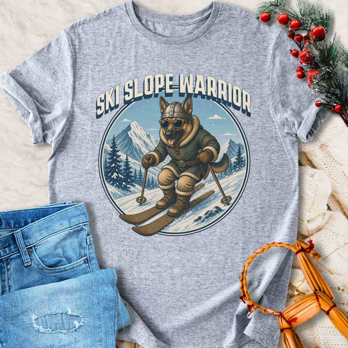 T-Shirt Ski Slope Warrior - Skiing Viking Dog T-shirt Unisex Sizes S-2XL Funny Shirt Gift