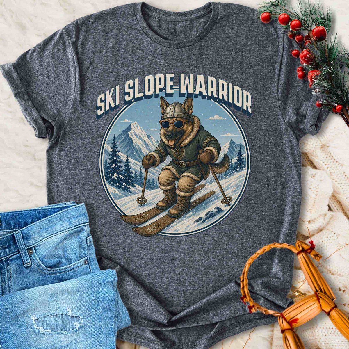 T-Shirt Ski Slope Warrior - Skiing Viking Dog T-shirt Unisex Sizes S-2XL Funny Shirt Gift