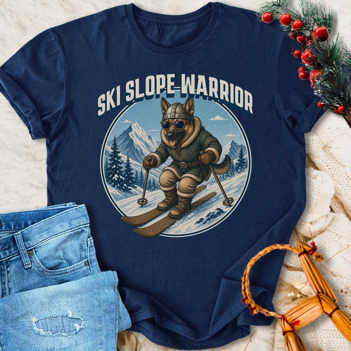 T-Shirt Ski Slope Warrior - Skiing Viking Dog T-shirt Unisex Sizes S-2XL Funny Shirt Gift