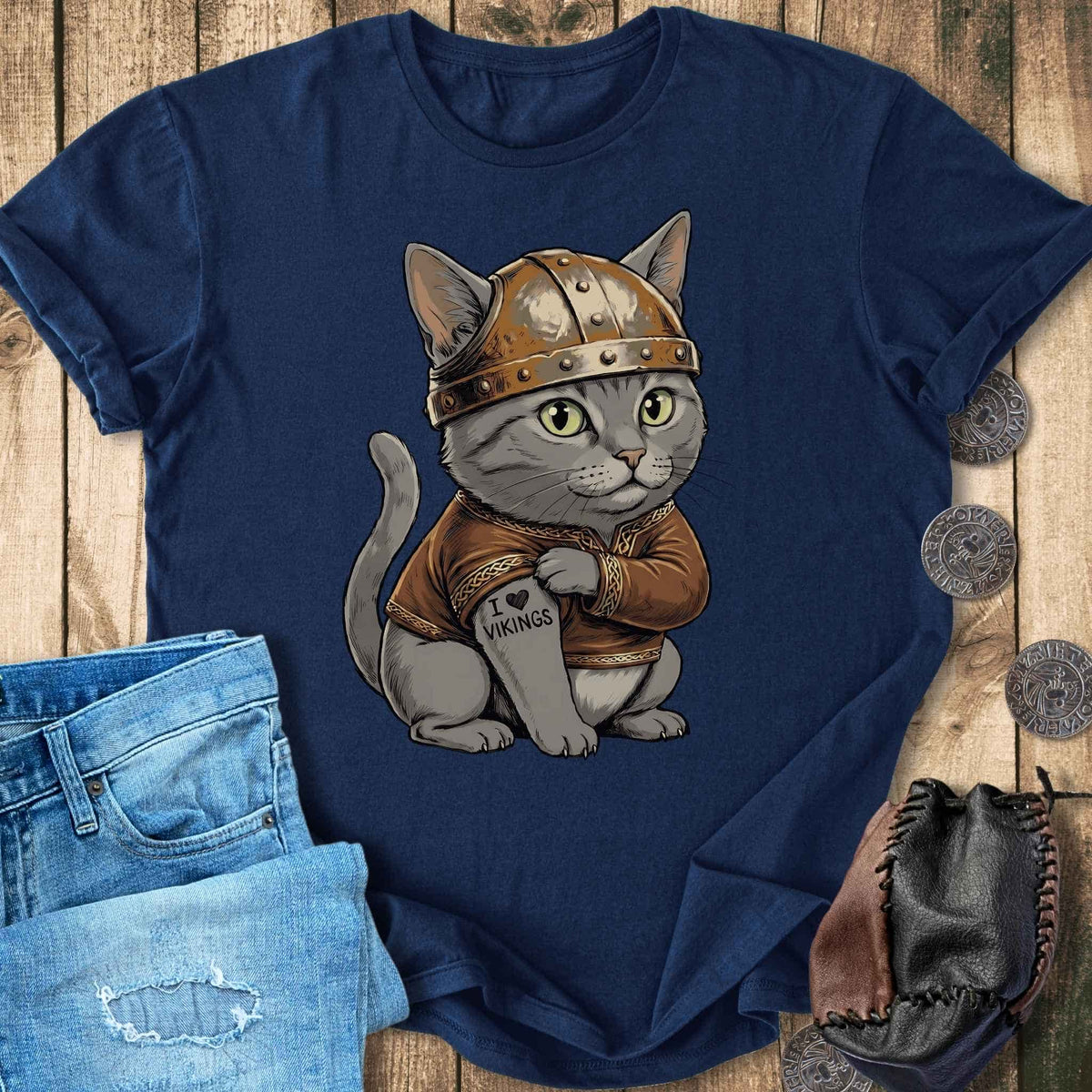 T-Shirt Viking Cat with Tattoo - I Love Vikings - T-shirt Unisex Sizes S-2XL Funny Shirt Gift