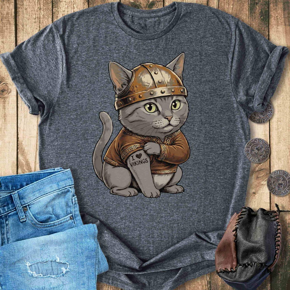 T-Shirt Viking Cat with Tattoo - I Love Vikings - T-shirt Unisex Sizes S-2XL Funny Shirt Gift