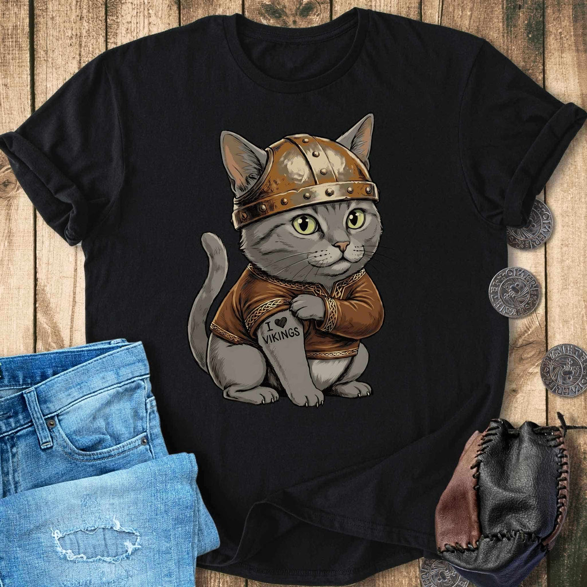 T-Shirt Viking Cat with Tattoo - I Love Vikings - T-shirt Unisex Sizes S-2XL Funny Shirt Gift