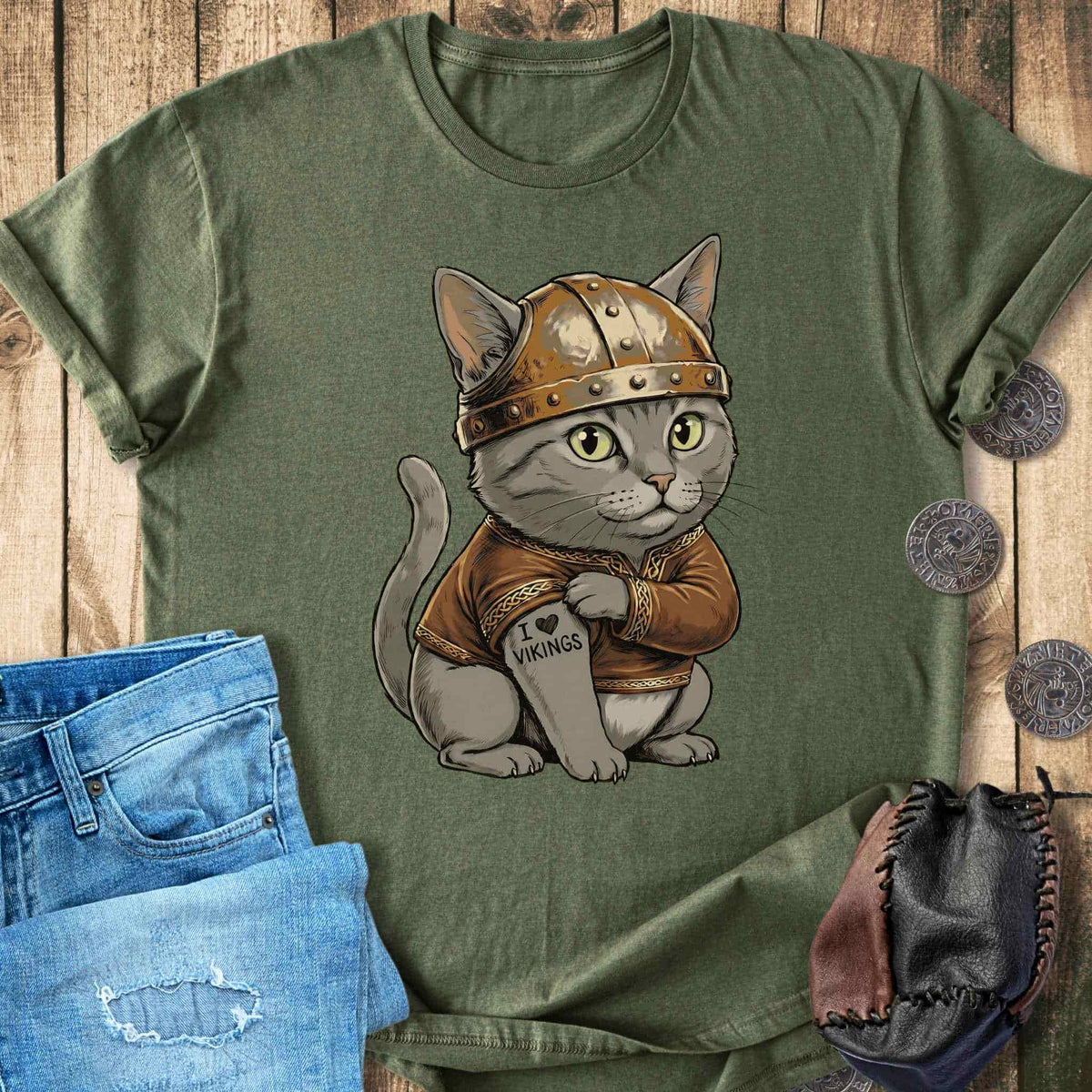 T-Shirt Viking Cat with Tattoo - I Love Vikings - T-shirt Unisex Sizes S-2XL Funny Shirt Gift