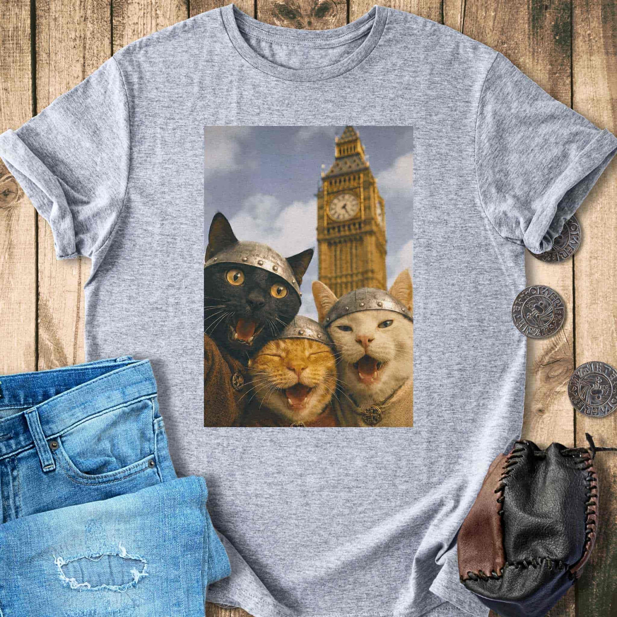T-Shirt Viking Cats Retro Selfie Photo Style - Big Ben London UK T-shirt Unisex Sizes S-2XL Funny Shirt Gift