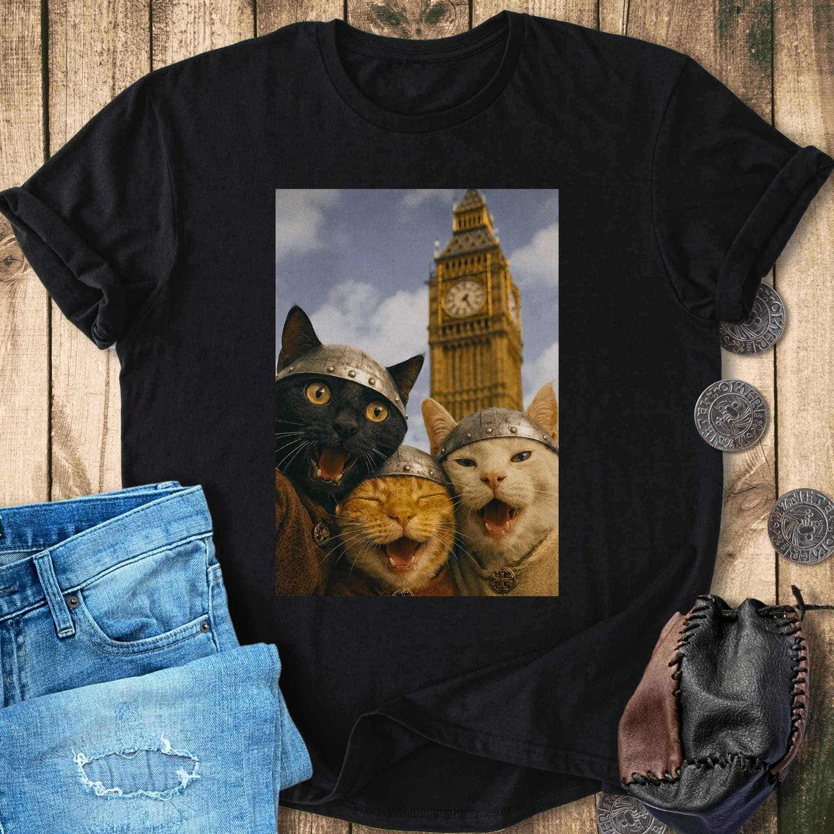 T-Shirt Viking Cats Retro Selfie Photo Style - Big Ben London UK T-shirt Unisex Sizes S-2XL Funny Shirt Gift