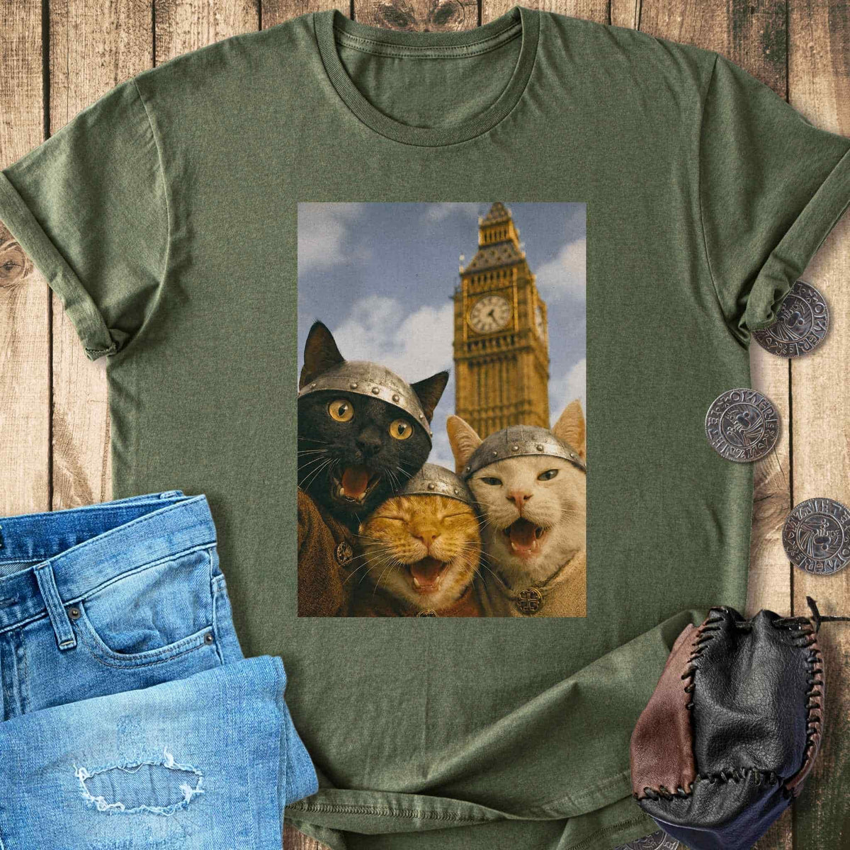 T-Shirt Viking Cats Retro Selfie Photo Style - Big Ben London UK T-shirt Unisex Sizes S-2XL Funny Shirt Gift