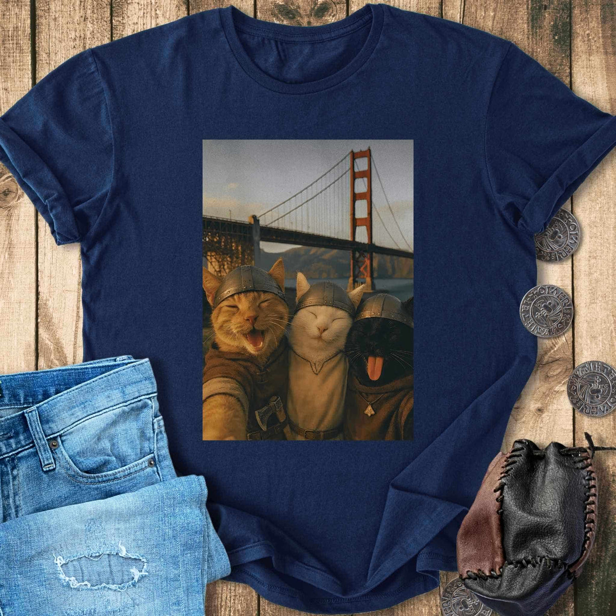 T-Shirt Viking Cats Retro Selfie Photo Style - Golden Gate Bridge T-shirt Unisex Sizes S-2XL Funny Shirt Gift