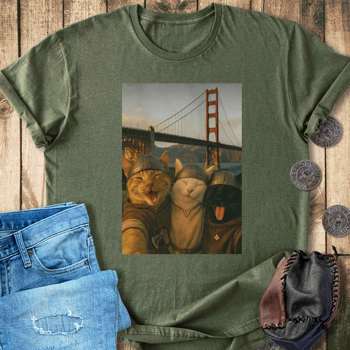 T-Shirt Viking Cats Retro Selfie Photo Style - Golden Gate Bridge T-shirt Unisex Sizes S-2XL Funny Shirt Gift