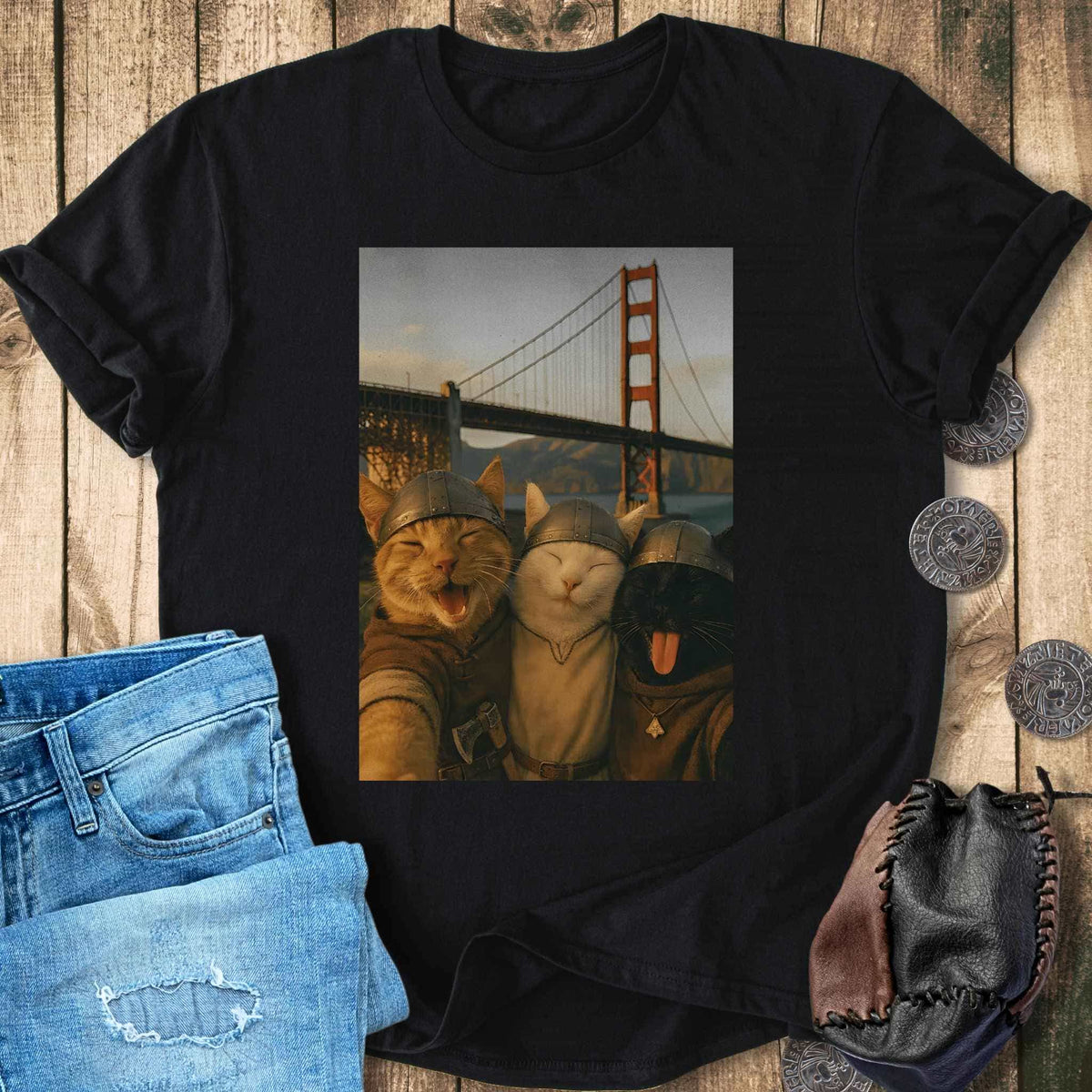 T-Shirt Viking Cats Retro Selfie Photo Style - Golden Gate Bridge T-shirt Unisex Sizes S-2XL Funny Shirt Gift