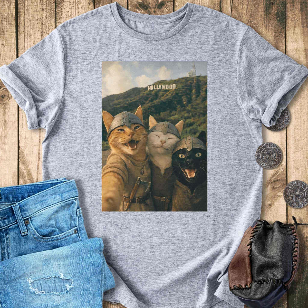 T-Shirt Viking Cats Retro Selfie Photo Style - Hollywood Sign T-shirt Unisex Sizes S-2XL Funny Shirt Gift