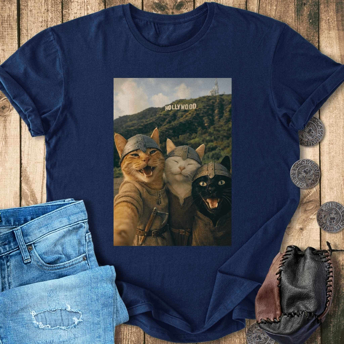 T-Shirt Viking Cats Retro Selfie Photo Style - Hollywood Sign T-shirt Unisex Sizes S-2XL Funny Shirt Gift