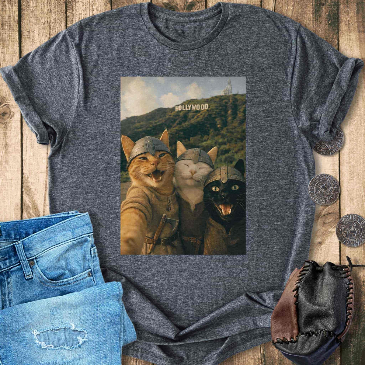 T-Shirt Viking Cats Retro Selfie Photo Style - Hollywood Sign T-shirt Unisex Sizes S-2XL Funny Shirt Gift