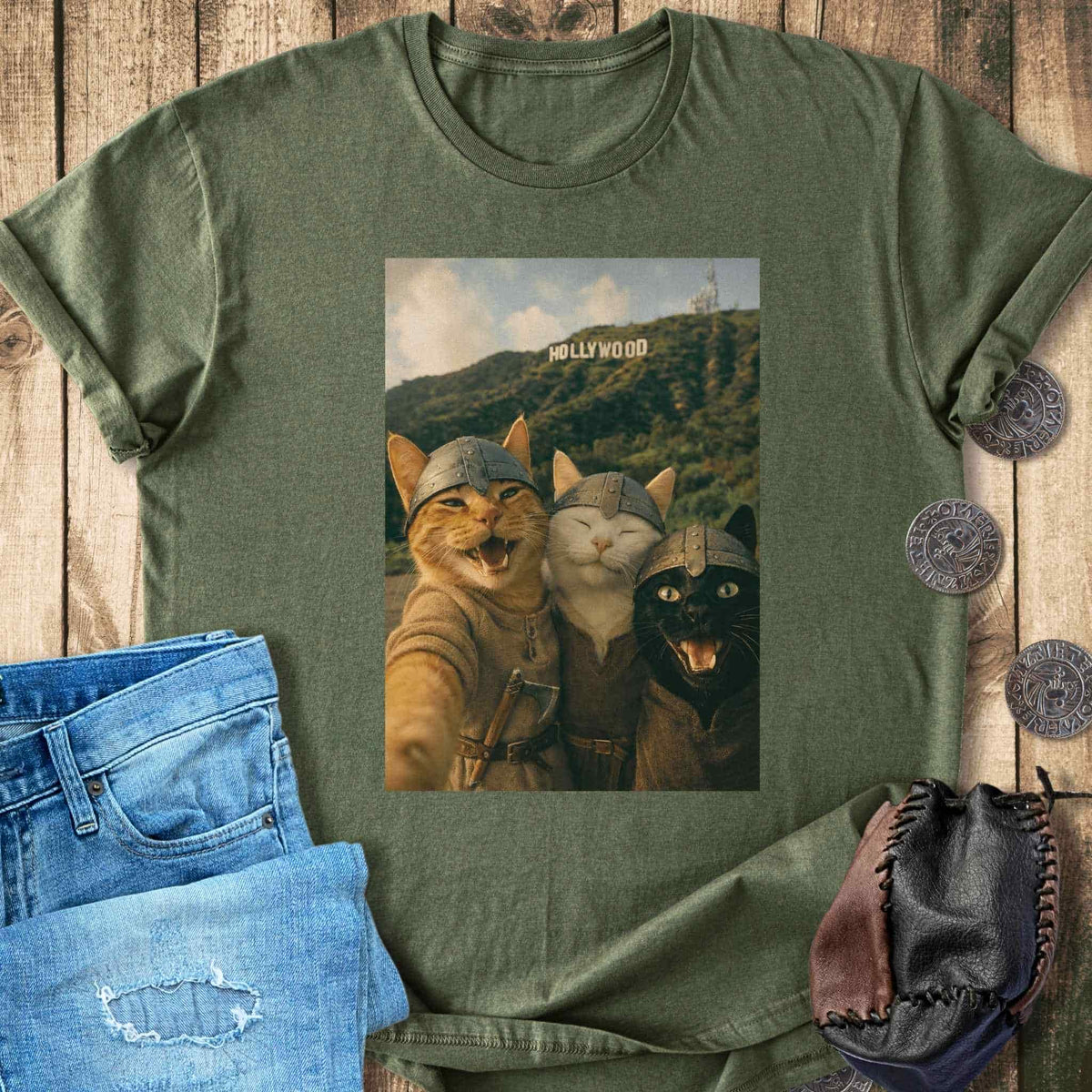 T-Shirt Viking Cats Retro Selfie Photo Style - Hollywood Sign T-shirt Unisex Sizes S-2XL Funny Shirt Gift