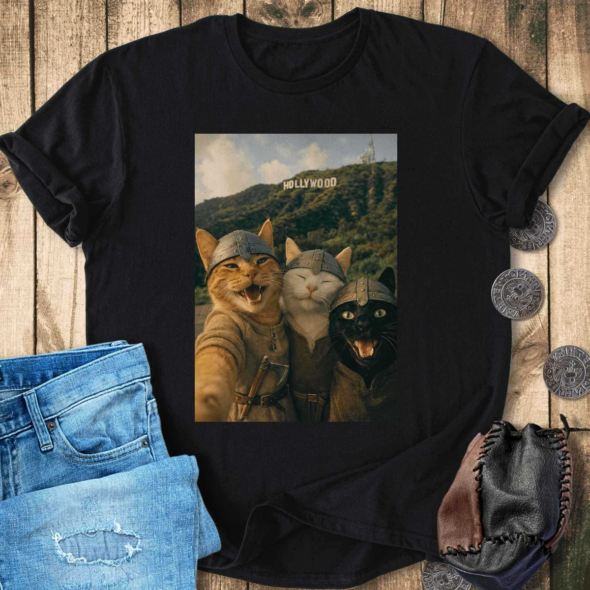 T-Shirt Viking Cats Retro Selfie Photo Style - Hollywood Sign T-shirt Unisex Sizes S-2XL Funny Shirt Gift