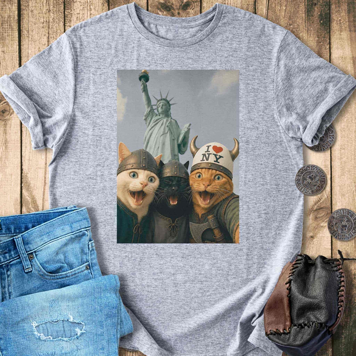 T-Shirt Viking Cats Retro Selfie Photo Style - Statue of Liberty (I Love NY) T-shirt Unisex Sizes S-2XL Funny Shirt Gift
