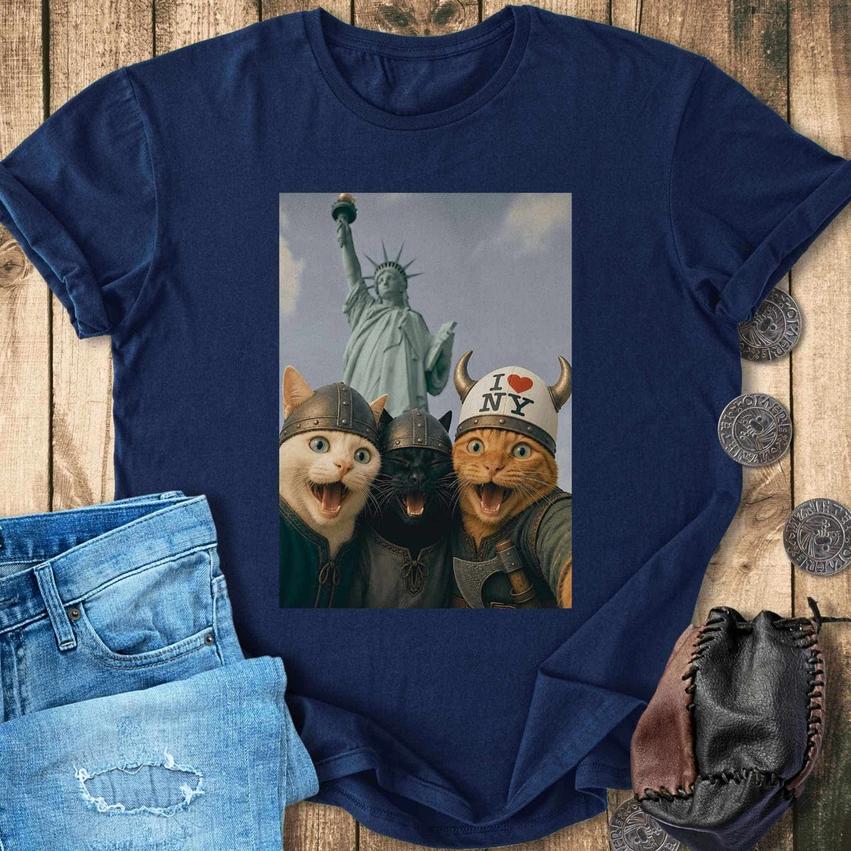 T-Shirt Viking Cats Retro Selfie Photo Style - Statue of Liberty (I Love NY) T-shirt Unisex Sizes S-2XL Funny Shirt Gift