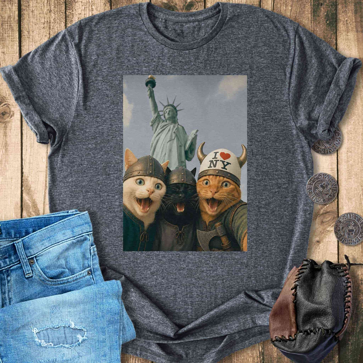 T-Shirt Viking Cats Retro Selfie Photo Style - Statue of Liberty (I Love NY) T-shirt Unisex Sizes S-2XL Funny Shirt Gift