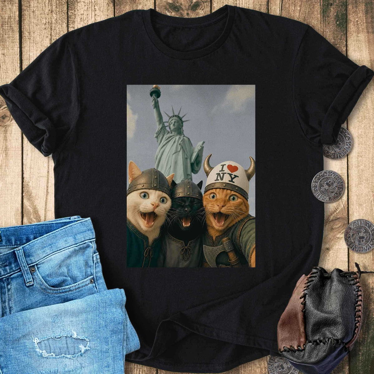 T-Shirt Viking Cats Retro Selfie Photo Style - Statue of Liberty (I Love NY) T-shirt Unisex Sizes S-2XL Funny Shirt Gift