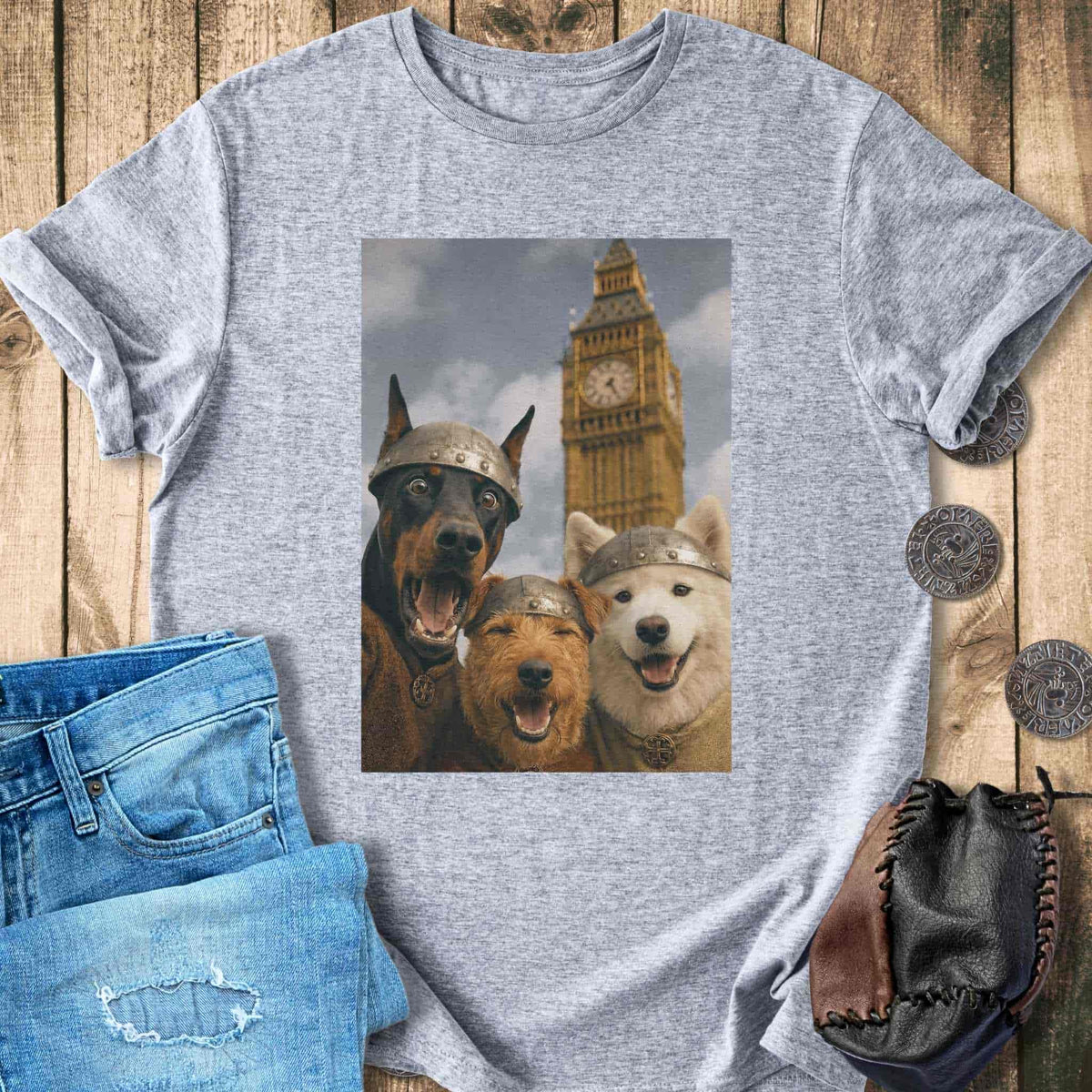T-Shirt Viking Dogs Retro Selfie Photo Style - Big Ben London UK T-shirt Unisex Sizes S-2XL Funny Shirt Gift