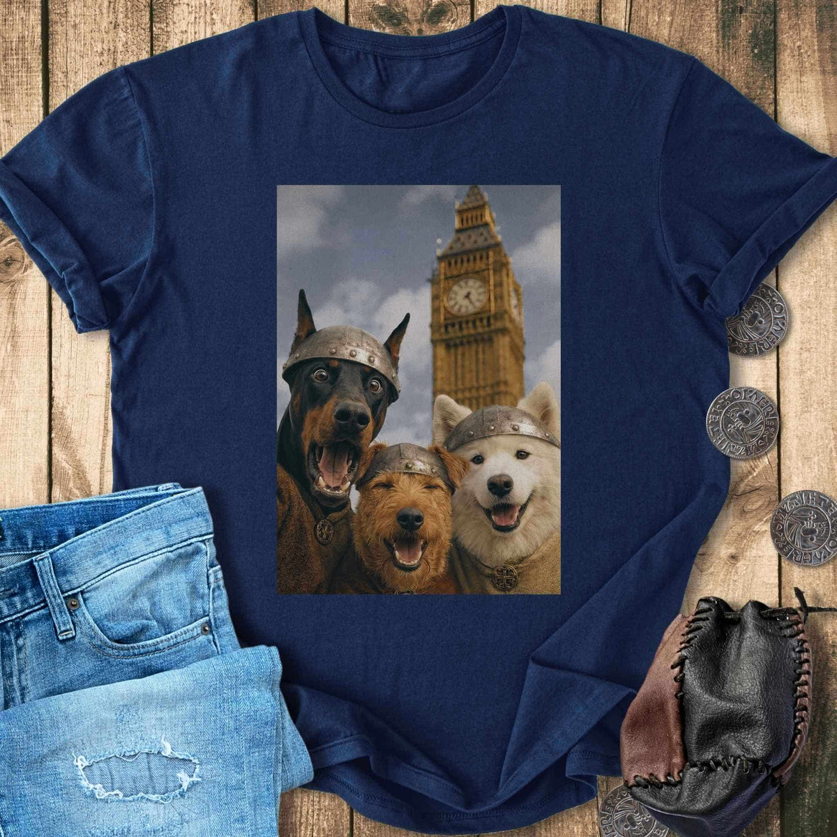 T-Shirt Viking Dogs Retro Selfie Photo Style - Big Ben London UK T-shirt Unisex Sizes S-2XL Funny Shirt Gift