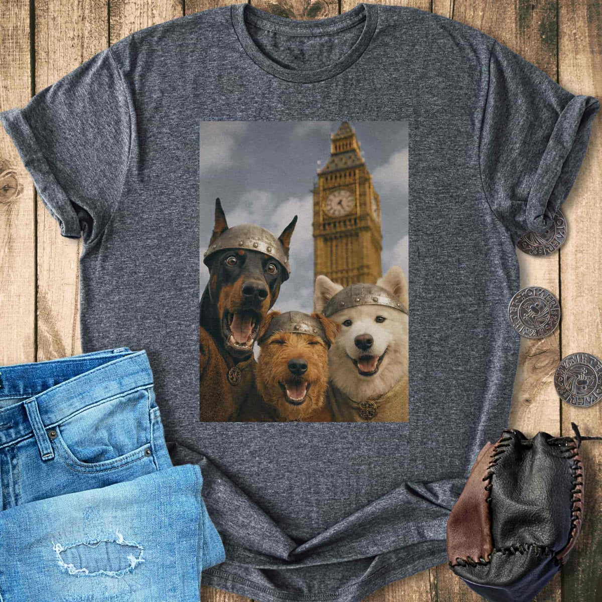 T-Shirt Viking Dogs Retro Selfie Photo Style - Big Ben London UK T-shirt Unisex Sizes S-2XL Funny Shirt Gift