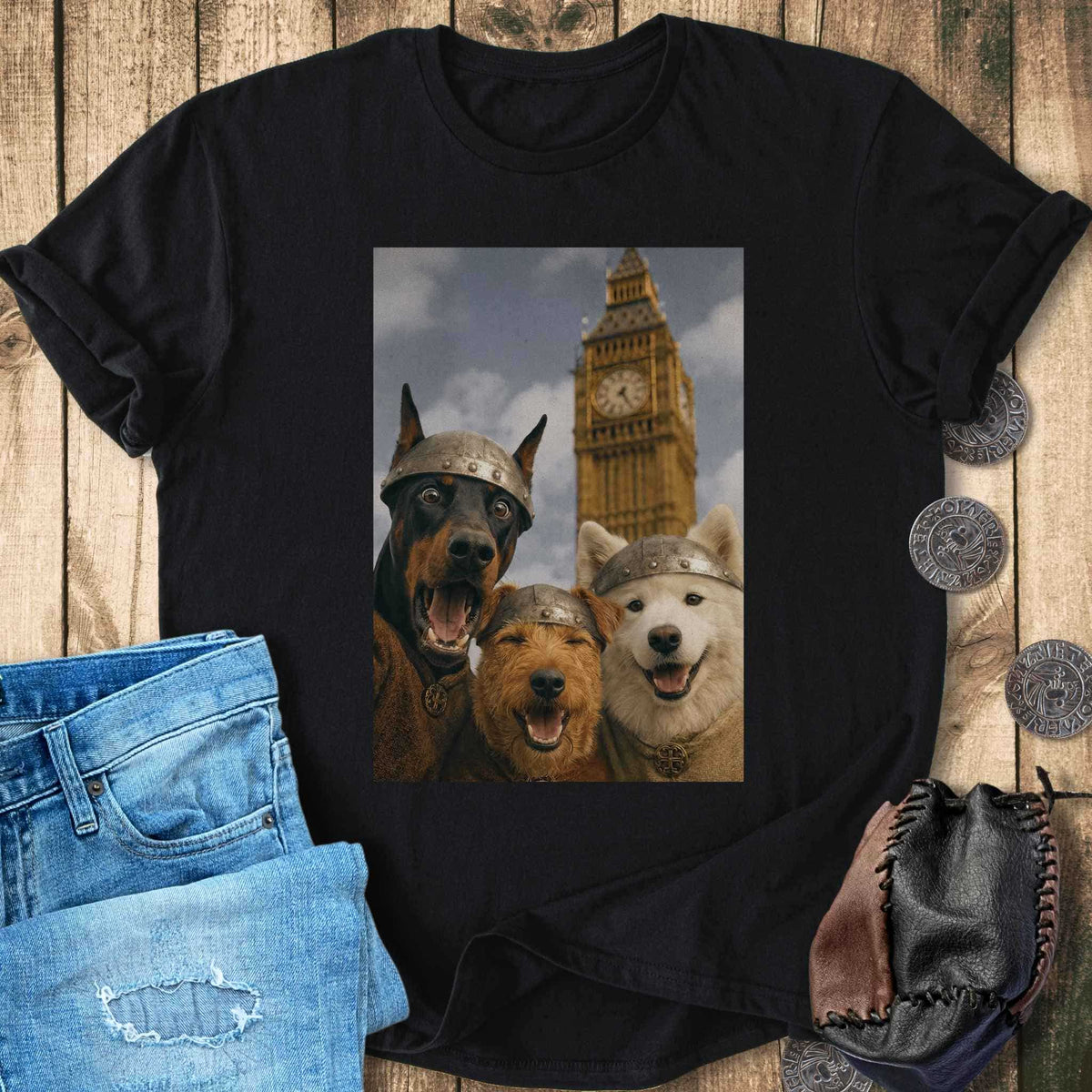 T-Shirt Viking Dogs Retro Selfie Photo Style - Big Ben London UK T-shirt Unisex Sizes S-2XL Funny Shirt Gift