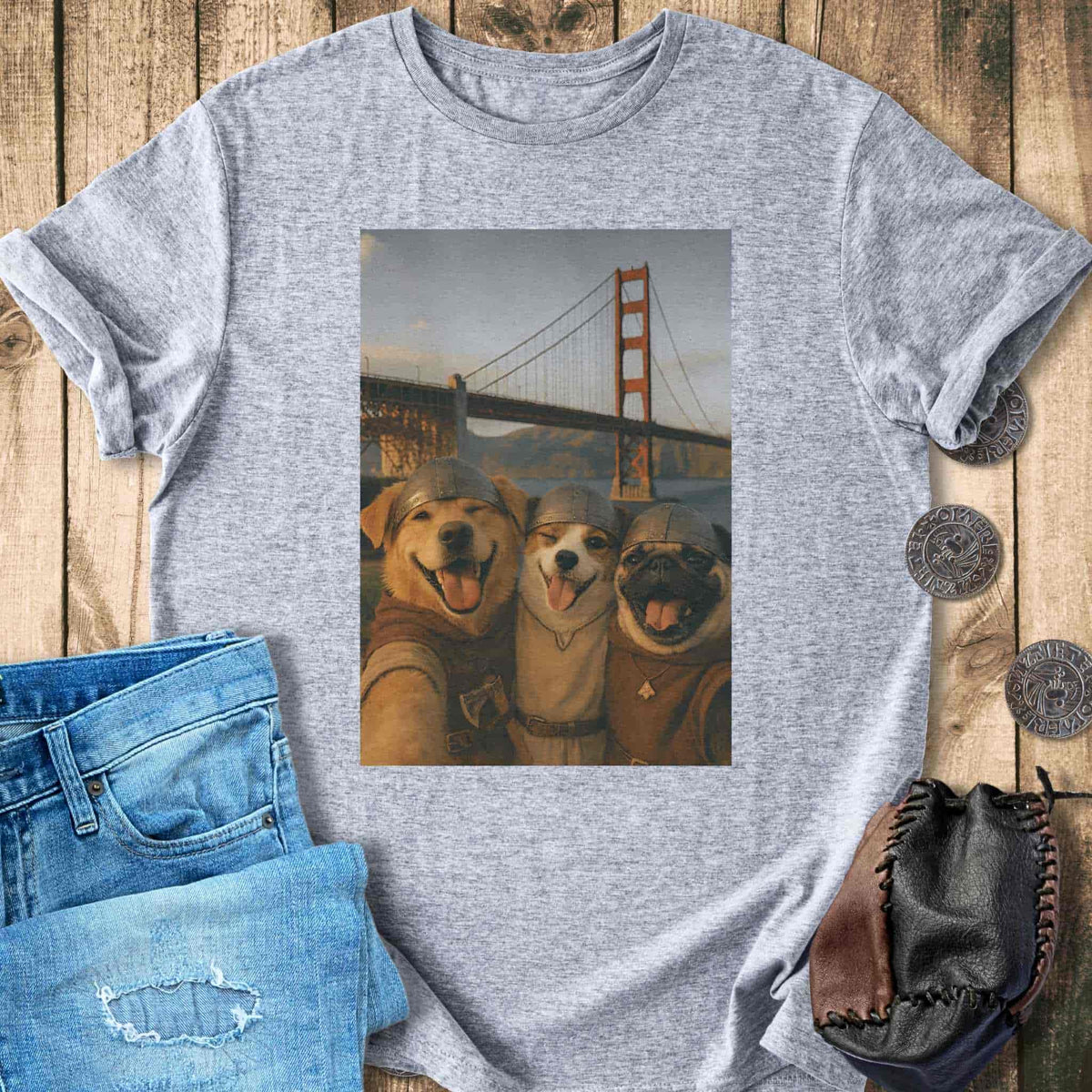 T-Shirt Viking Dogs Retro Selfie Photo Style - Golden Gate Bridge T-shirt Unisex Sizes S-2XL Funny Shirt Gift