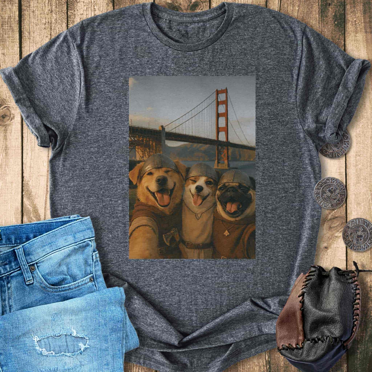 T-Shirt Viking Dogs Retro Selfie Photo Style - Golden Gate Bridge T-shirt Unisex Sizes S-2XL Funny Shirt Gift