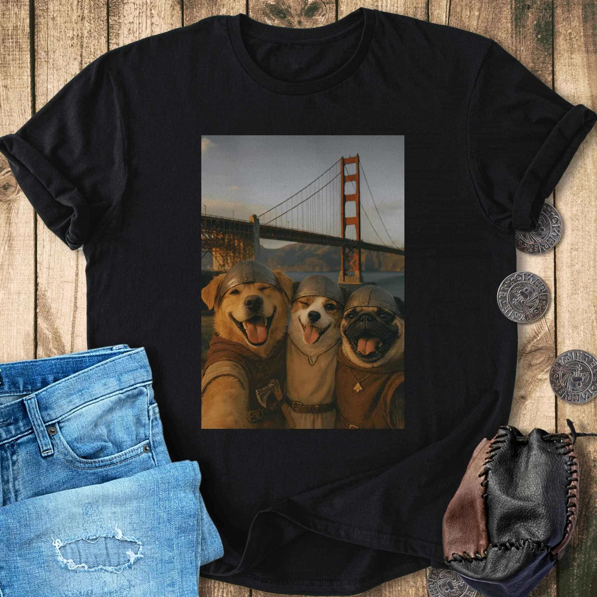T-Shirt Viking Dogs Retro Selfie Photo Style - Golden Gate Bridge T-shirt Unisex Sizes S-2XL Funny Shirt Gift