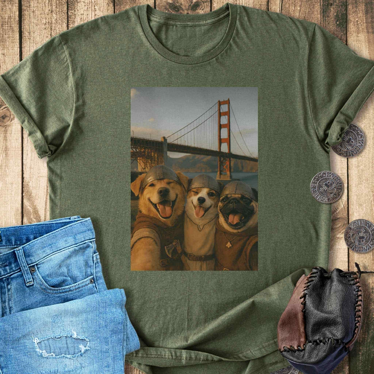 T-Shirt Viking Dogs Retro Selfie Photo Style - Golden Gate Bridge T-shirt Unisex Sizes S-2XL Funny Shirt Gift