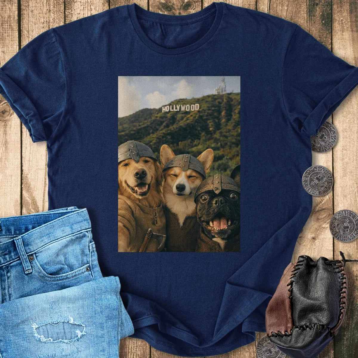 T-Shirt Viking Dogs Retro Selfie Photo Style - Hollywood Sign T-shirt Unisex Sizes S-2XL Funny Shirt Gift