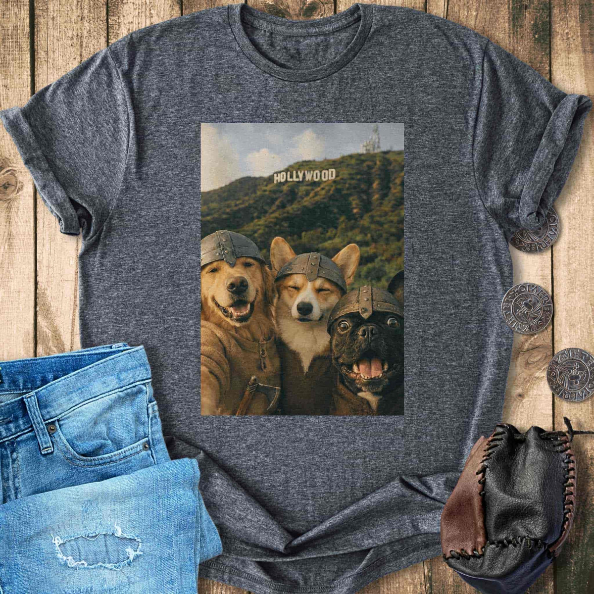 T-Shirt Viking Dogs Retro Selfie Photo Style - Hollywood Sign T-shirt Unisex Sizes S-2XL Funny Shirt Gift