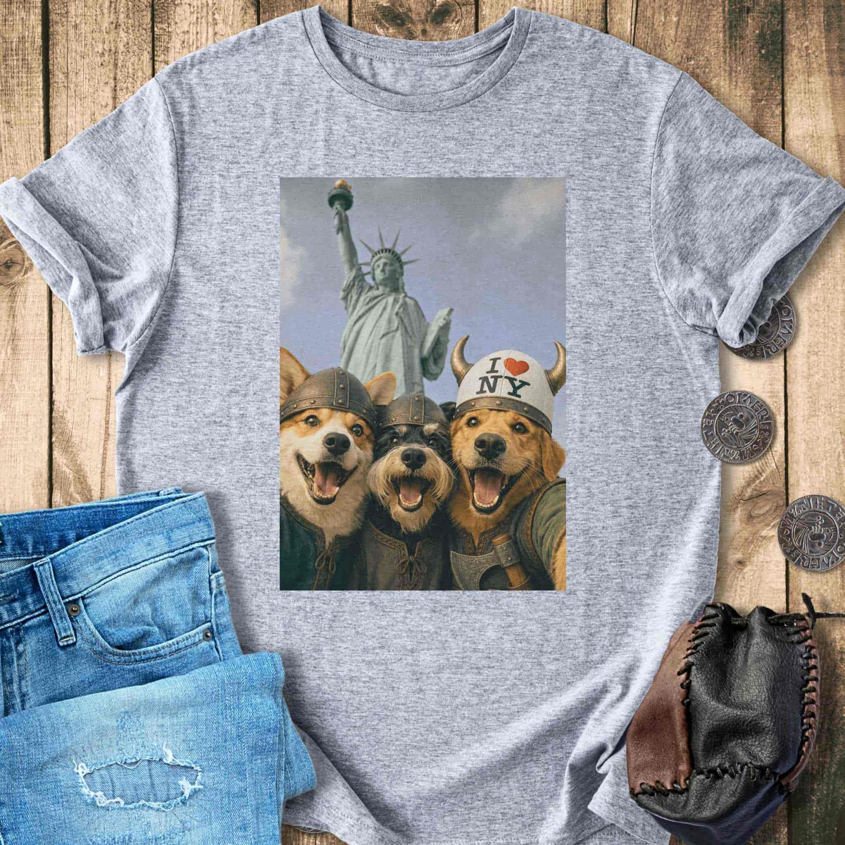 T-Shirt Viking Dogs Retro Selfie Photo Style - Statue of Liberty (I Love NY) T-shirt Unisex Sizes S-2XL Funny Shirt Gift