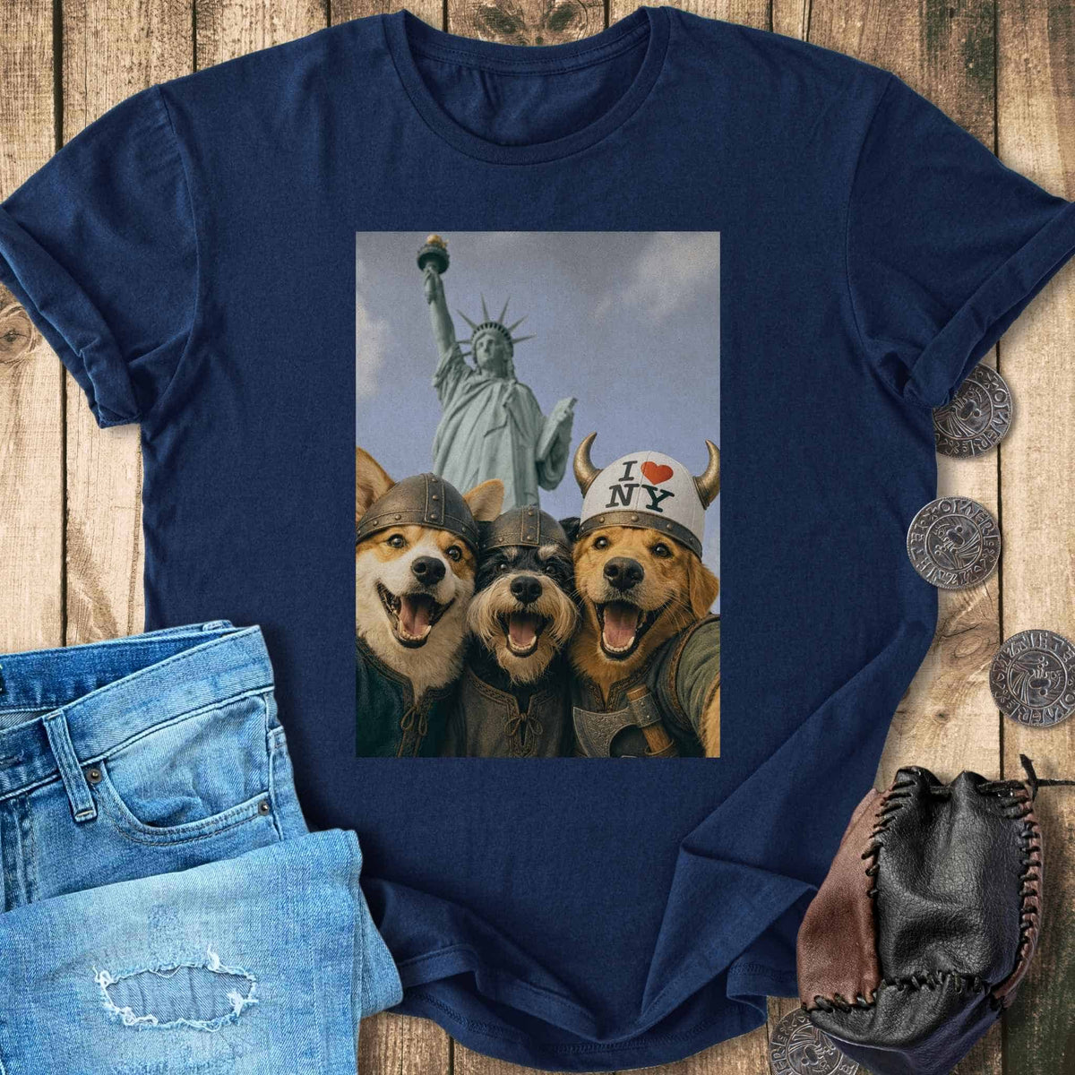 T-Shirt Viking Dogs Retro Selfie Photo Style - Statue of Liberty (I Love NY) T-shirt Unisex Sizes S-2XL Funny Shirt Gift