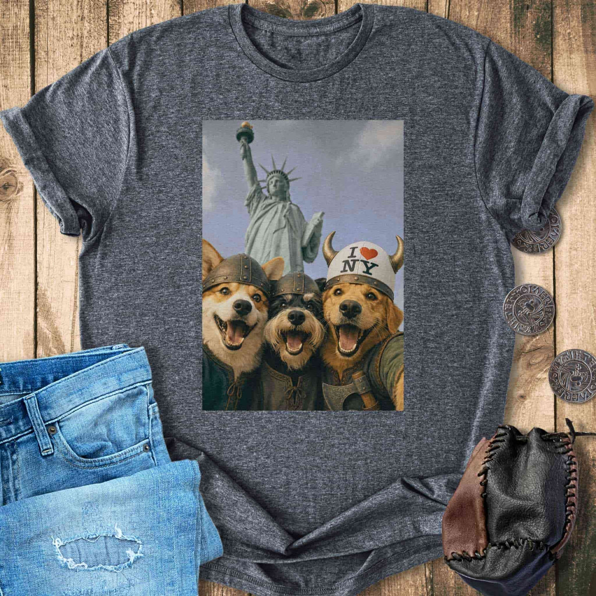 T-Shirt Viking Dogs Retro Selfie Photo Style - Statue of Liberty (I Love NY) T-shirt Unisex Sizes S-2XL Funny Shirt Gift