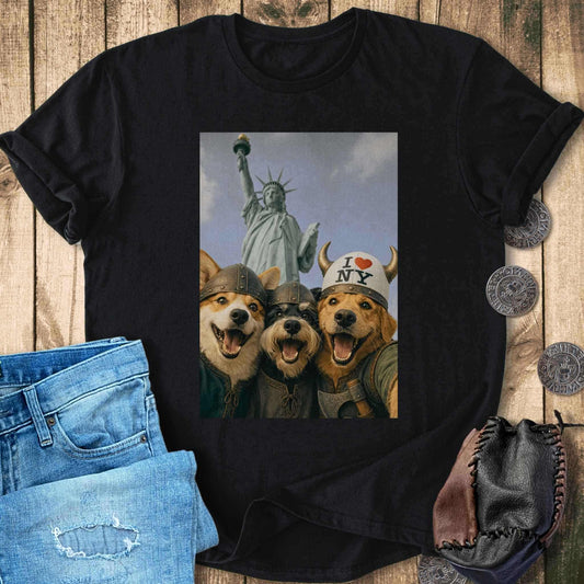 T-Shirt Viking Dogs Retro Selfie Photo Style - Statue of Liberty (I Love NY) T-shirt Unisex Sizes S-2XL Funny Shirt Gift