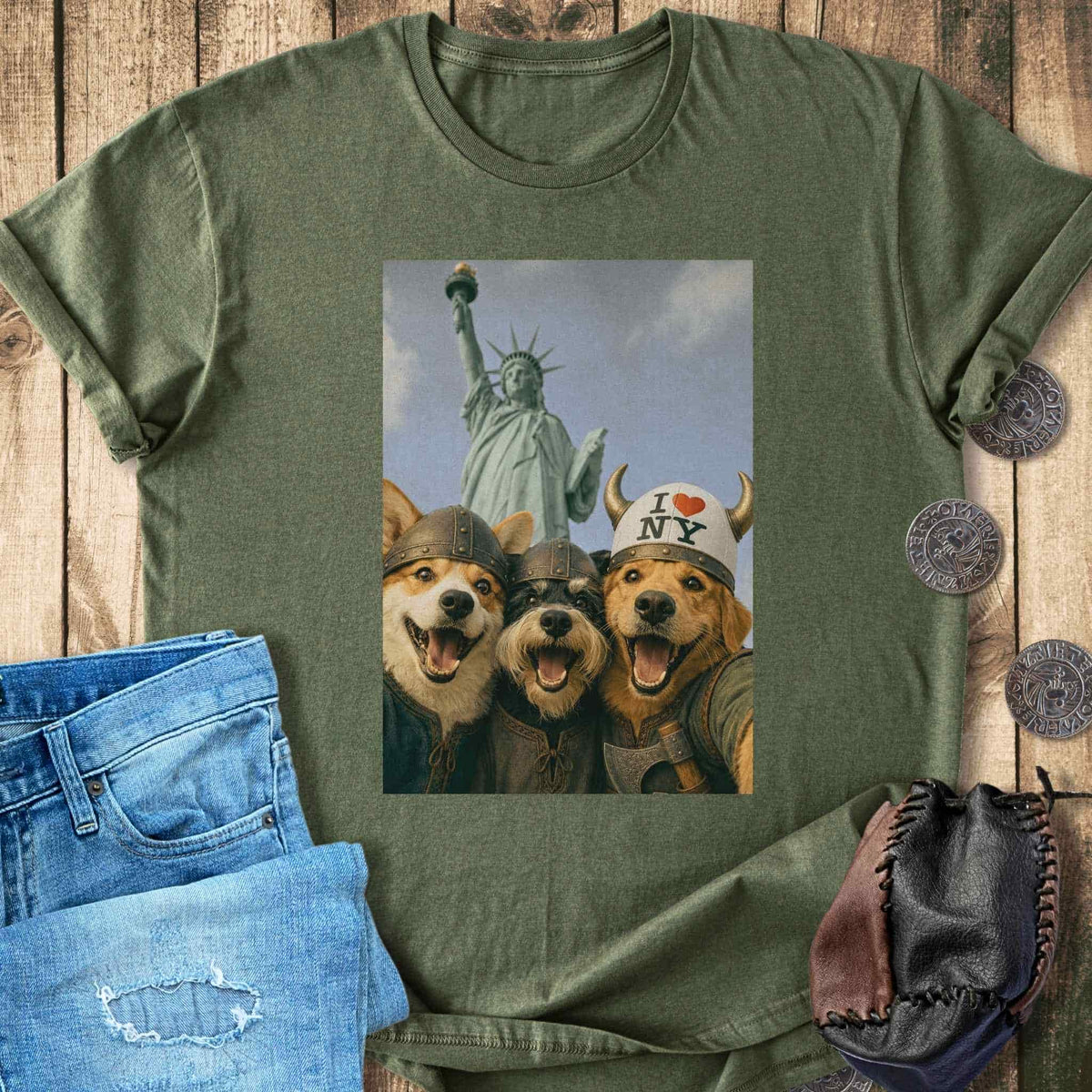 T-Shirt Viking Dogs Retro Selfie Photo Style - Statue of Liberty (I Love NY) T-shirt Unisex Sizes S-2XL Funny Shirt Gift